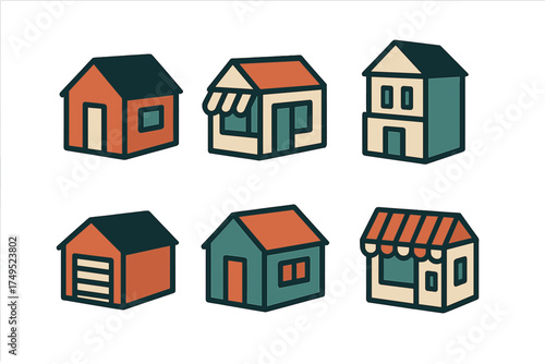 Six colorful stylized residential and commercial building icons set on white background