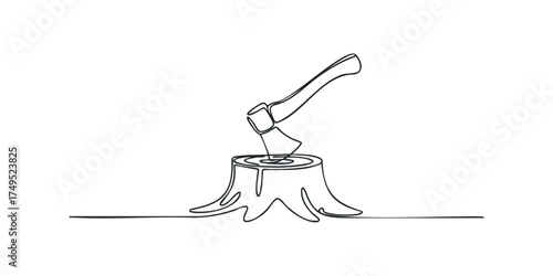 Minimalist single line drawing of an axe in a stump, cut out transparent