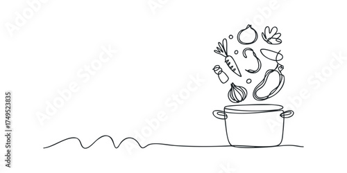 Simple line drawing of ingredients pouring into a pot