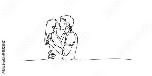 Couple embracing and kissing in minimalist line art