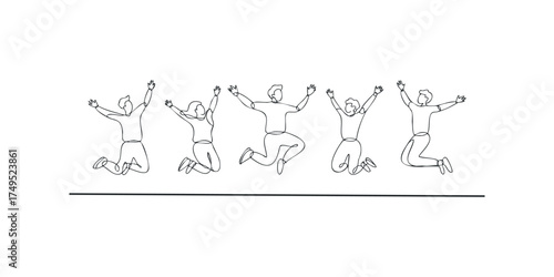Five people jumping for joy in minimalist line art
