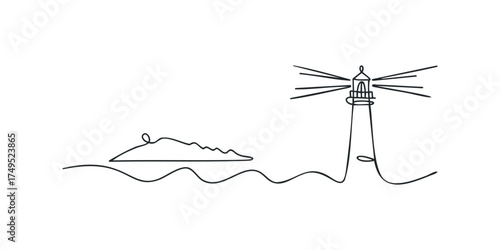 Minimalist line drawing of a lighthouse on the sea