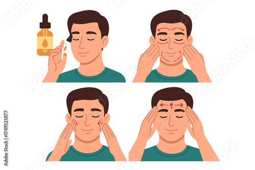 Man applying facial serum and following anti-aging massage steps for healthy skin care