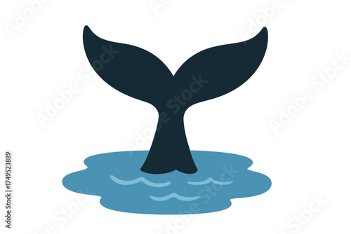 Stylized dark blue whale tail diving into the ocean water isolated on white