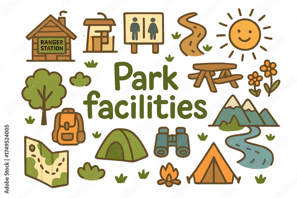 Fototapeta premium Park Facility Doodles. Park facilities. Hand-drawn doodle illustration of Park facilities. ranger station,