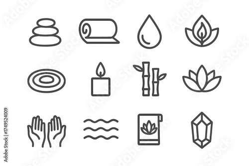 Wellness Retreat Icons. Wellness retreats. Line outline icon set of Wellness retreats: massage stones, spa