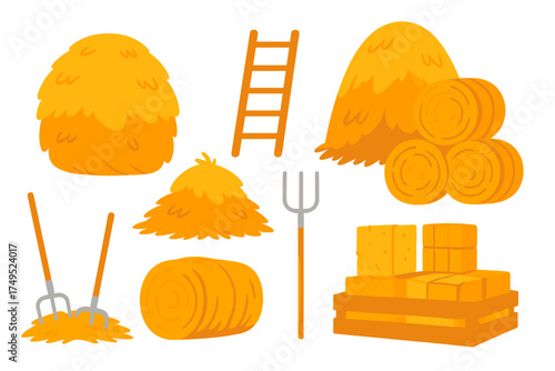 Farm harvest elements including straw bales, haystacks, pitchforks, and a wooden ladder