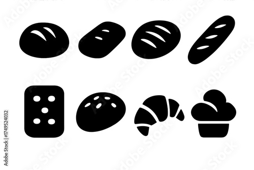 Artisan Bread Icons. Artisan Bread. Filled icon set of Artisan Bread: sourdough, ciabatta, rye loaf, baguette,