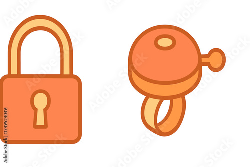 A set of security padlock and bicycle bell icons designed with a simple, rounded style in warm orange and yellow colors