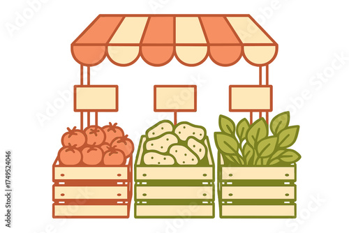 Outdoor market stand selling fresh tomatoes potatoes and leafy greens in rustic wooden boxes