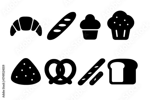 Bakery Icon Set. Bakery Basket. Filled icon set of Bakery Basket: croissant, baguette, brioche, muffin, scone,