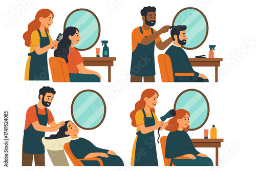 Set of scenes showing diverse clients and stylists performing hair salon services like washing, cutting, and drying