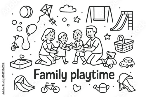 Family Fun Doodle. Family playtime. Hand-drawn doodle illustration of Family playtime. In the middle, one