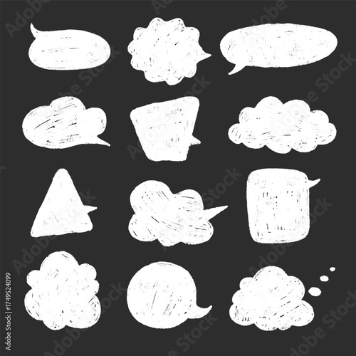 Playful crayon speech dialog text frames. Hand sketched Chalkboard box bubbles. Abstract chat Stickers and pencil clouds. Vector illustration