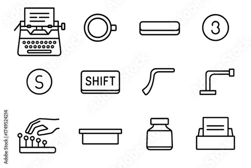 Vintage Typewriter Icons. A vintage typewriter with an unfinished manuscript on paper. Line outline icon set