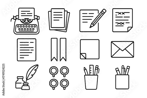 Vintage Typewriter Icons. A vintage typewriter with an unfinished manuscript on paper. Line outline icon set
