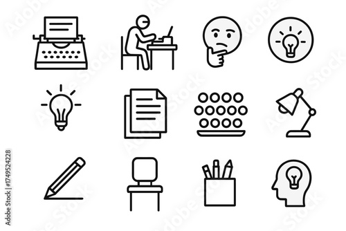 Vintage Typewriter Icons. A vintage typewriter with an unfinished manuscript on paper. Line outline icon set