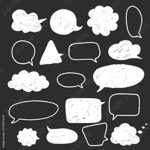Playful crayon speech dialog text frames. Hand sketched Chalkboard box bubbles. Abstract chat Stickers and pencil clouds. Vector illustration
