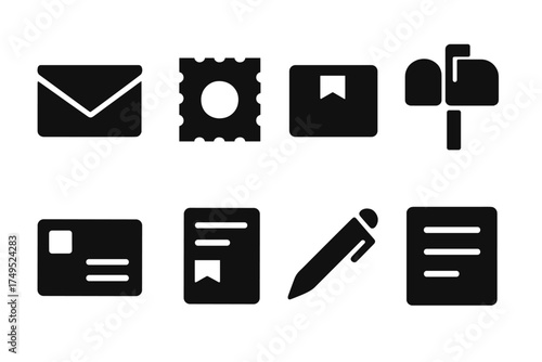 Mailing Icons Grid. Mailing. Filled icon set of Mailing: envelope, stamp, parcel box, mailbox, letter,