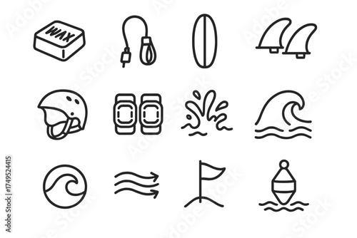 Beach Sports Icons. Surfing or beach volleyball tournament celebrations. Line outline icon set of Surfing or