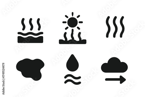 Evaporation Icon Set. Evaporation. Filled icon set of Evaporation: water surface, sun, rising water vapor,