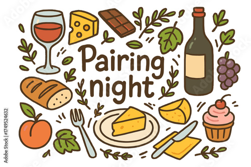 Pairing Night Doodles. Pairing night. Hand-drawn doodle illustration of Pairing night. wine glass, cheese,