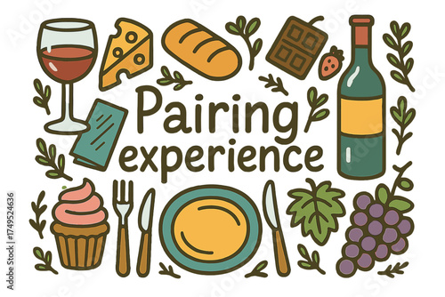 Wine and Dine. Pairing experience. Hand-drawn doodle illustration of Pairing experience. wine glass, cheese,