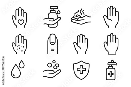 Nail Care Icons. Nail care and hand cleanliness. Line outline icon set of Nail care and hand cleanliness: hand