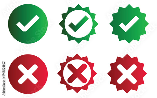 Set green approval check mark and red cross icons collection in circle and square, checklist signs, flat checkmark approval badge,  
