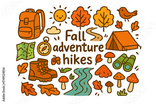 Fall Hiking Adventure. Fall adventure hikes. Hand-drawn doodle illustration of Fall adventure hikes. backpack,