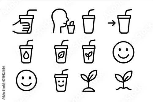 Eco Icons Collection. Reusable straw and eco-friendly cup. Line outline icon set of Reusable straw and