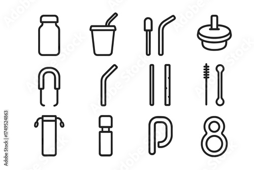Eco-friendly Straw Icons. Reusable straw and eco-friendly cup. Line outline icon set of Reusable straw and eco