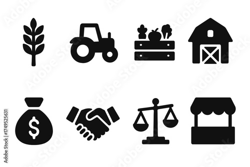 Agricultural Trade Icons. Agricultural Trade. Filled icon set of Agricultural Trade: wheat bundle, tractor,