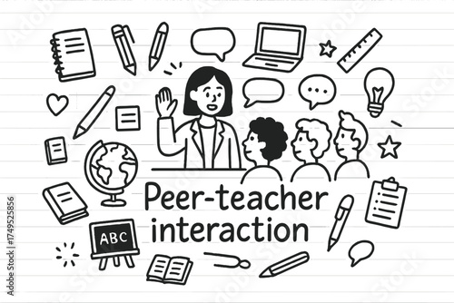 Peer-Teacher Doodle Art. Peer-teacher interaction. Hand-drawn doodle illustration of Peer-teacher interaction.
