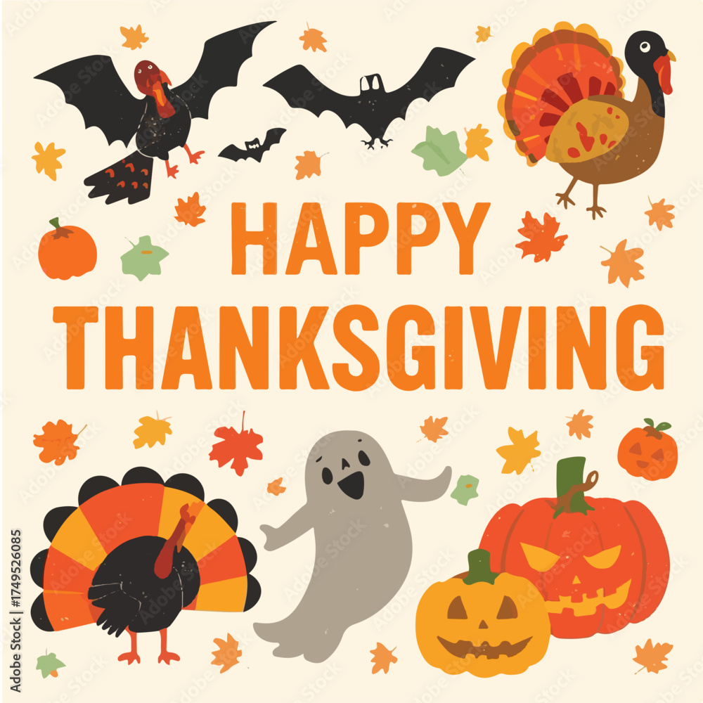 Obraz premium Vector design of A festive Thanksgiving card with a unique Halloween twist, featuring a flat design style, bold lines, and vibrant autumnal colors