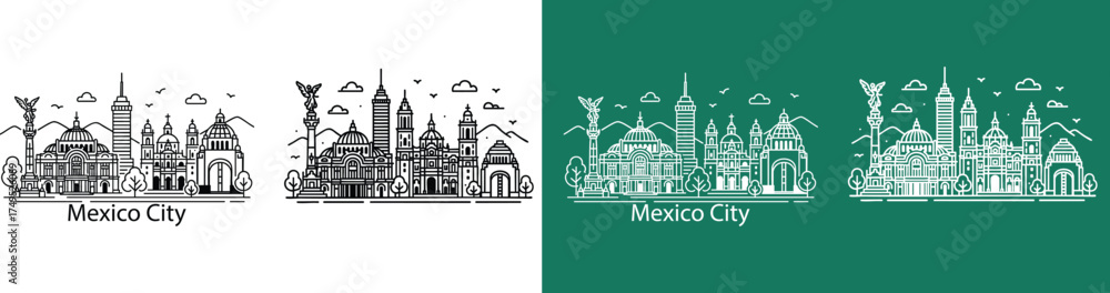 Obraz premium bold line art illustration of Mexico City skyline, Mexico, featuring its mix of historic and modern architecture