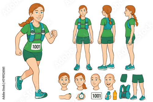 Marathon Runner Avatar Pack. Cartoon realistic vector illustration, Character constructor style, isolated