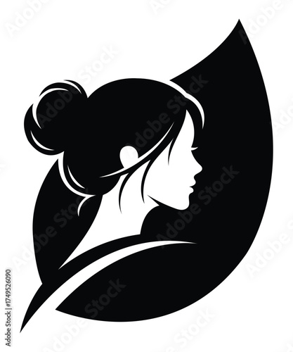 Elegant Woman Silhouette Profile with Leaf Minimalist Vector Design.