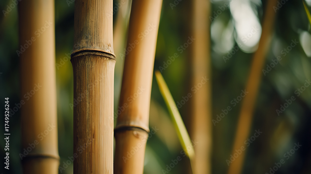 Obraz premium A close-up of bamboo stalks reveals their textured surfaces and earthy tones. The scene is bathed in soft light, accentuating the natural details.