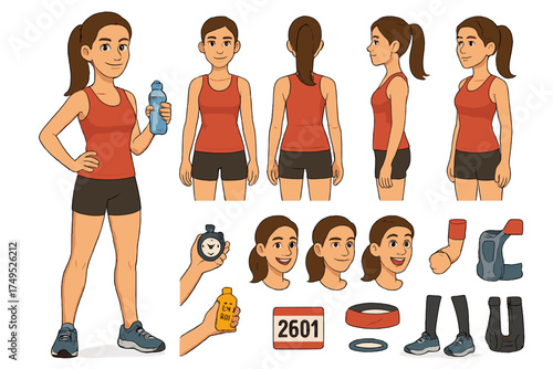 Marathon Runner Constructor. Cartoon realistic vector illustration, Character constructor style, isolated