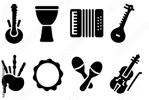 World Instruments Icons. World Instruments. Filled icon set of World Instruments: kora, djembe, accordion,