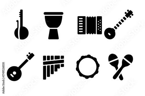 Ethnic Instrument Icons. Ethnic Ensemble. Filled icon set of Ethnic Ensemble: kora, djembe, accordion, sitar,