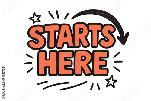 Playful Doodle Lettering. Starts Here. bold doodle lettering, thick outline, playful marker vibe, sketchy