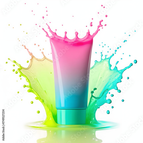 A vibrant splash of neon paint around a gradient tube of colorful liquid on a white background, representing creativity, design, and artistic expression