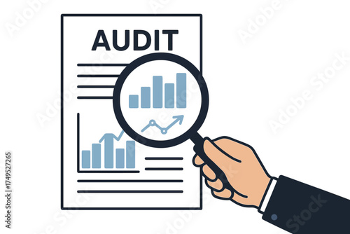 Business audit document with analytics charts and magnifying glass