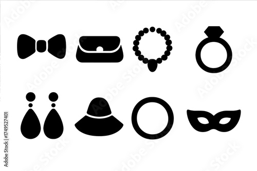Party Icons Set. Party Accessories. Filled icon set of Party Accessories: bow tie, clutch bag, necklace, ring,