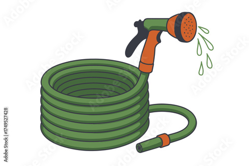 Flexible garden hose with adjustable spray nozzle and water drops
