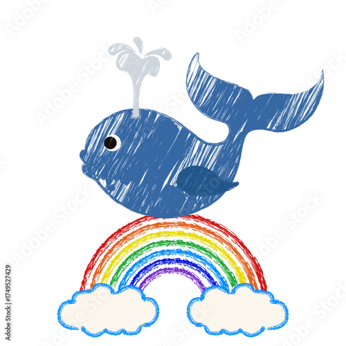 Child Crayon art. Vector illustration of Chalk texture whale on the rainbow isolated transparent background. Perfect kid poster nursery interior room wall Chalk decor. 