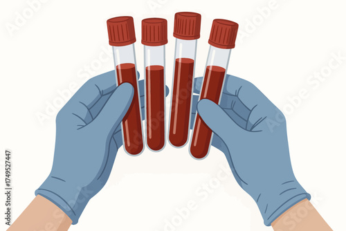 Gloved hands holding four blood vials on white background