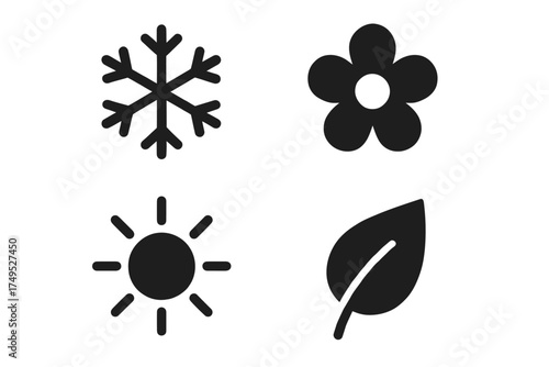 Icons representing four seasons: snowflake, flower, sun, leaf in black